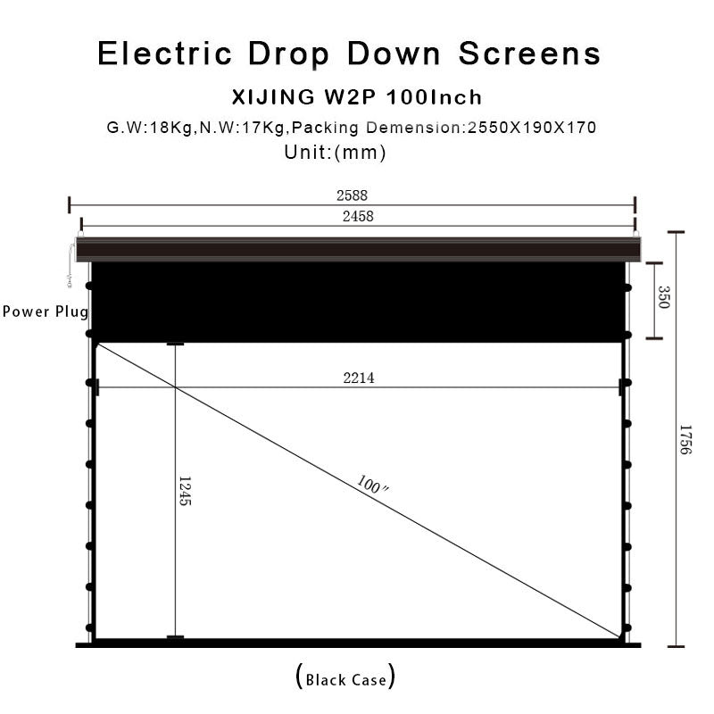 XIJING W2P 100inch Slimline Drop Down Tension Screen With White Cinema Material.For Normal Projector_Sound Perforated Acoustic Transparent.Motorized Projector Screen With Remote Controller
