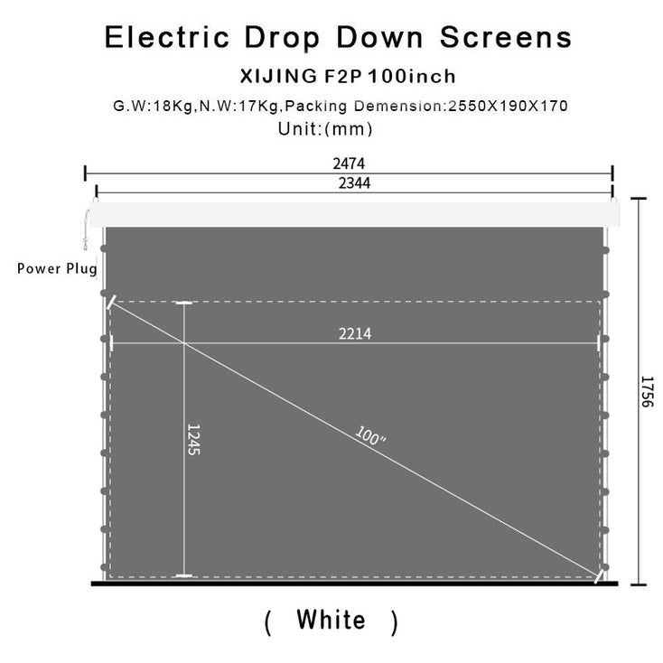 XIJING F2P 100 inch Slimline Drop Down Tension Screen With White Cinema Materia