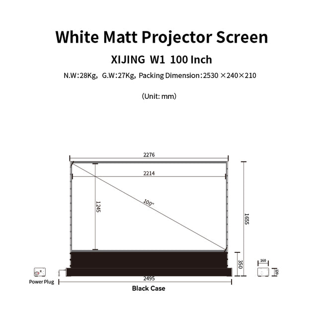 XIJING W1 100inch Electric Tension Floor Rising Screen With black border, With White Cinema Material,Intelligent Remote Control Floor Stand Rising Electric Motorized Floor Rising Projector