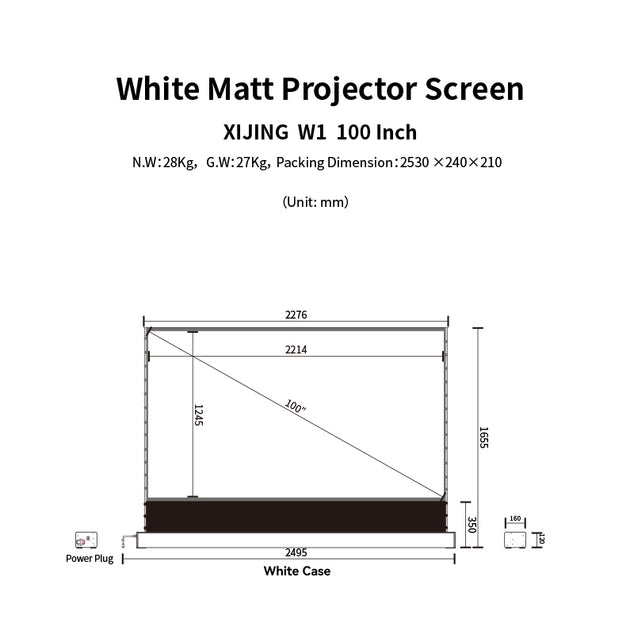 XIJING W1 100inch Electric Tension Floor Rising Screen With black border, With White Cinema Material,Intelligent Remote Control Floor Stand Rising Electric Motorized Floor Rising Projector