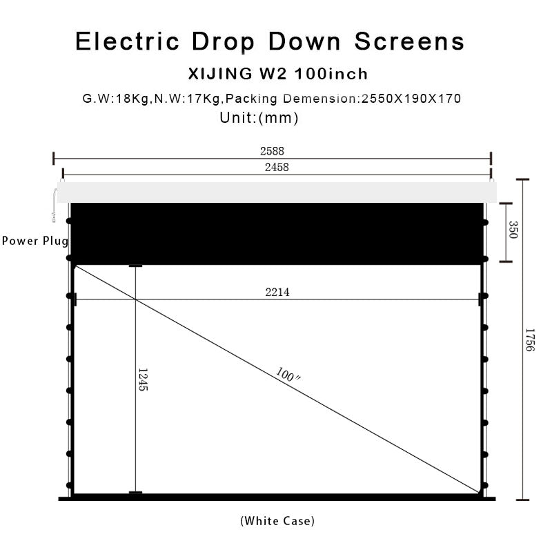XIJING W2 100inch Slimline Drop Down Tension Screen With White Cinema Material.For Normal Projector,Motorized In Ceiling Projector Screen