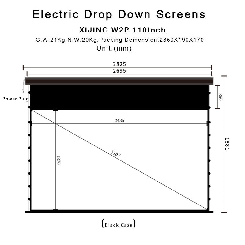 XIJING W2P 110inch Slimline Drop Down Tension Screen With White Cinema Material.For Normal Projector_Sound Perforated Acoustic Transparent.Motorized Projector Screen With Remote Controller