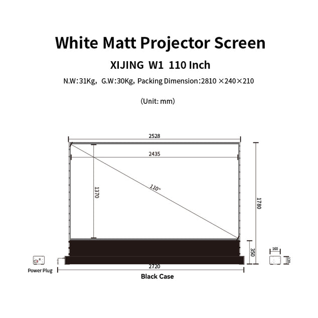 XIJING W1 110inch Electric Tension Floor Rising Screen With black border, With White Cinema Material,Intelligent Remote Control Floor Stand Rising Electric Motorized Floor Rising Projector