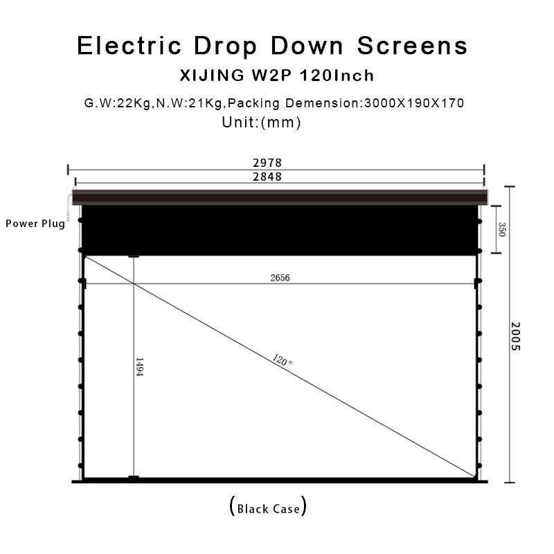 XIJING W2P 120inch Slimline Drop Down Tension Screen With White Cinema Material.For Normal Projector_Sound Perforated Acoustic Transparent,Motorized Projector Screen With Remote Controller