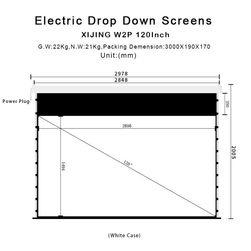 XIJING W2P 120inch Slimline Drop Down Tension Screen With White Cinema Material.For Normal Projector_Sound Perforated Acoustic Transparent.Motorized Projector Screen With Remote Controller