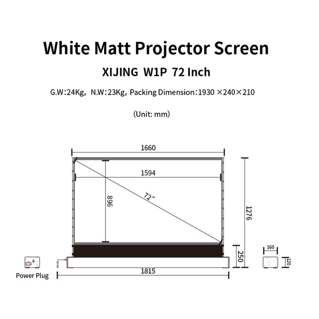 XIJING W1P 72 inch White Cinema P Electric Tension Floor projection Screen With White Cinema Material.For Normal Projector.Sound Perforated Acoustic Transparent.Multimedia Projection Screen