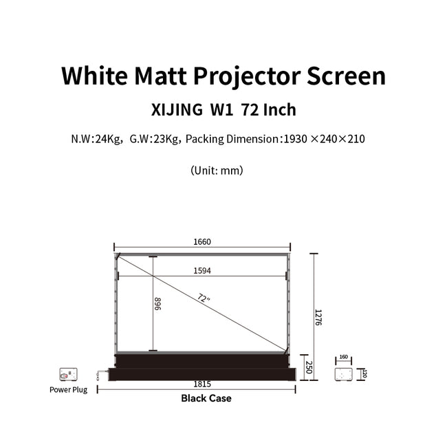 XIJING W1 72inch Electric Tension Floor Rising Screen With black border, With White Cinema Material,Intelligent Remote Control Floor Stand Rising Electric Motorized Floor Rising Projector