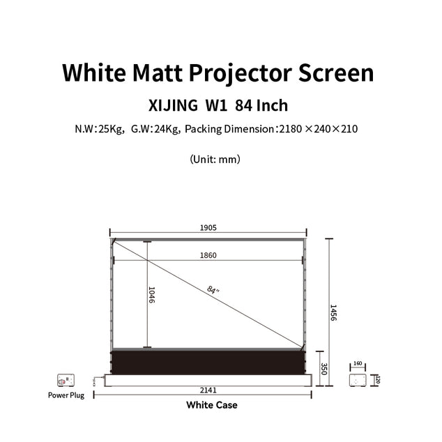 XIJING W1 84inch Electric Tension Floor Rising Screen With black border, With White Cinema Material,Intelligent Remote Control Floor Stand Rising Electric Motorized Floor Rising Projector