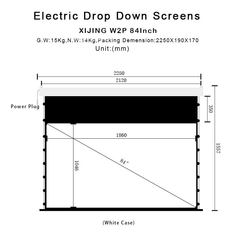 XIJING W2P 84inch Slimline Drop Down Tension Screen With White Cinema Material.For Normal Projector_Sound Perforated Acoustic Transparent.Motorized Projector Screen With Remote Controller