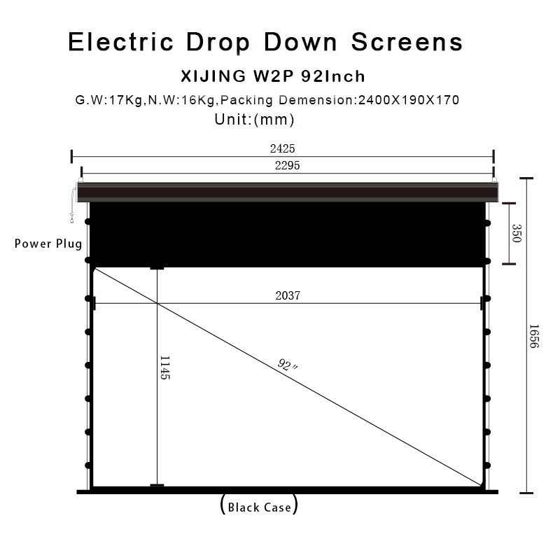 XIJING W2P 92inch Slimline Drop Down Tension Screen With White Cinema Material.For Normal Projector_Sound Perforated Acoustic Transparent.Motorized Projector Screen With Remote Controller