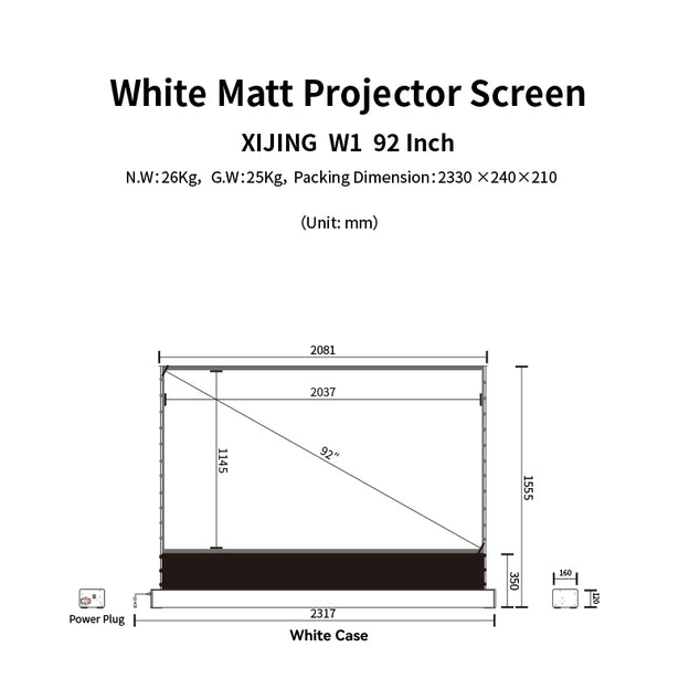 XIJING W1 92inch Electric Tension Floor Rising Screen With black border, With White Cinema Material,Intelligent Remote Control Floor Stand Rising Electric Motorized Floor Rising Projector