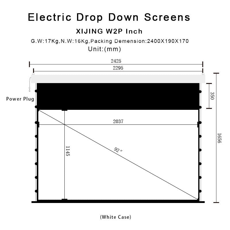 XIJING W2P 92inch Slimline Drop Down Tension Screen With White Cinema Material.For Normal Projector_Sound Perforated Acoustic Transparent.Motorized Projector Screen With Remote Controller